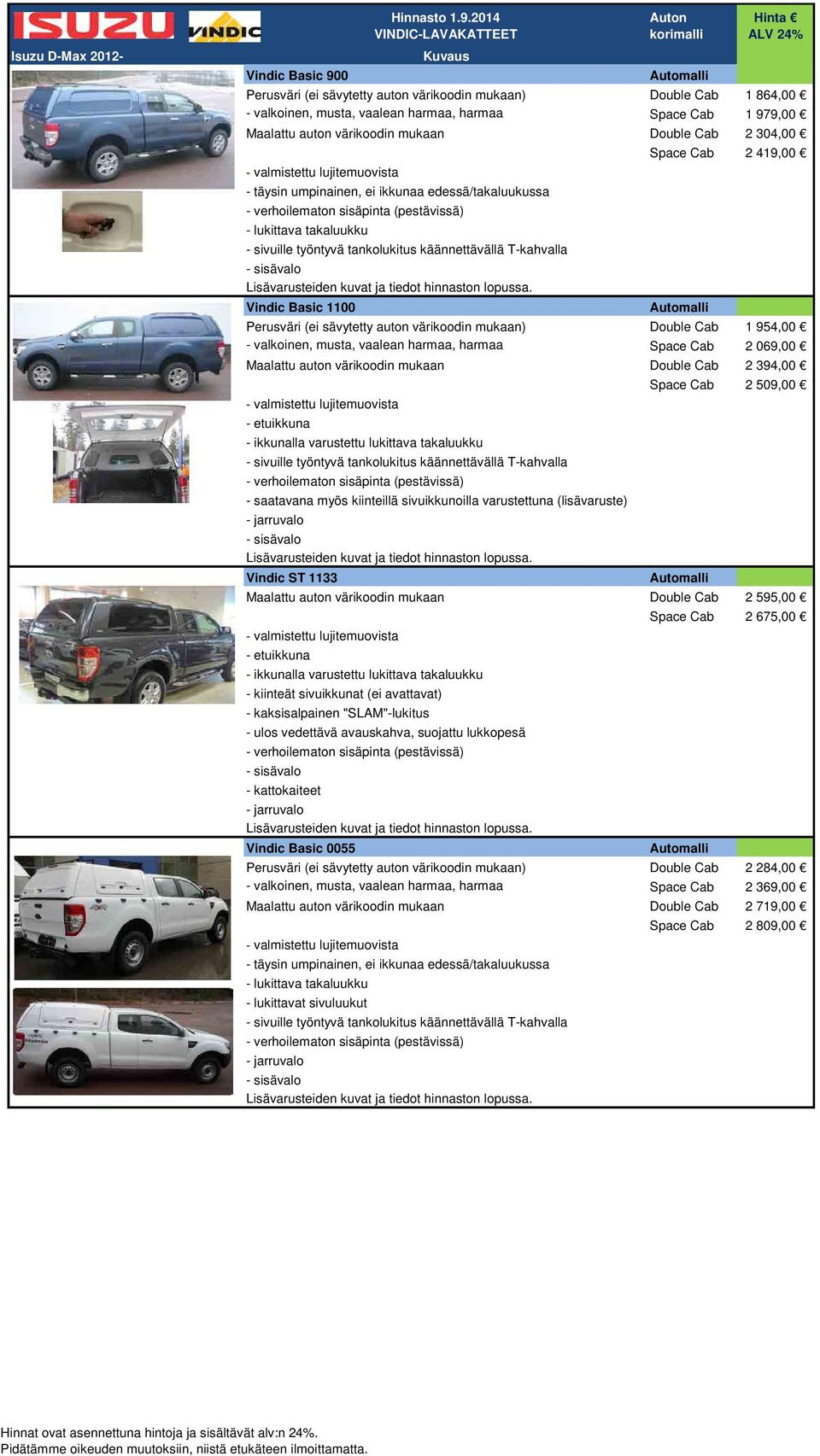 2014 VINDIC-LAVAKATTEET Kuvaus Auton korimalli Hinta ALV 24% Perusväri (ei sävytetty auton värikoodin mukaan) Double Cab 1 864,00 - valkoinen, musta, vaalean harmaa, harmaa Space Cab 1 979,00