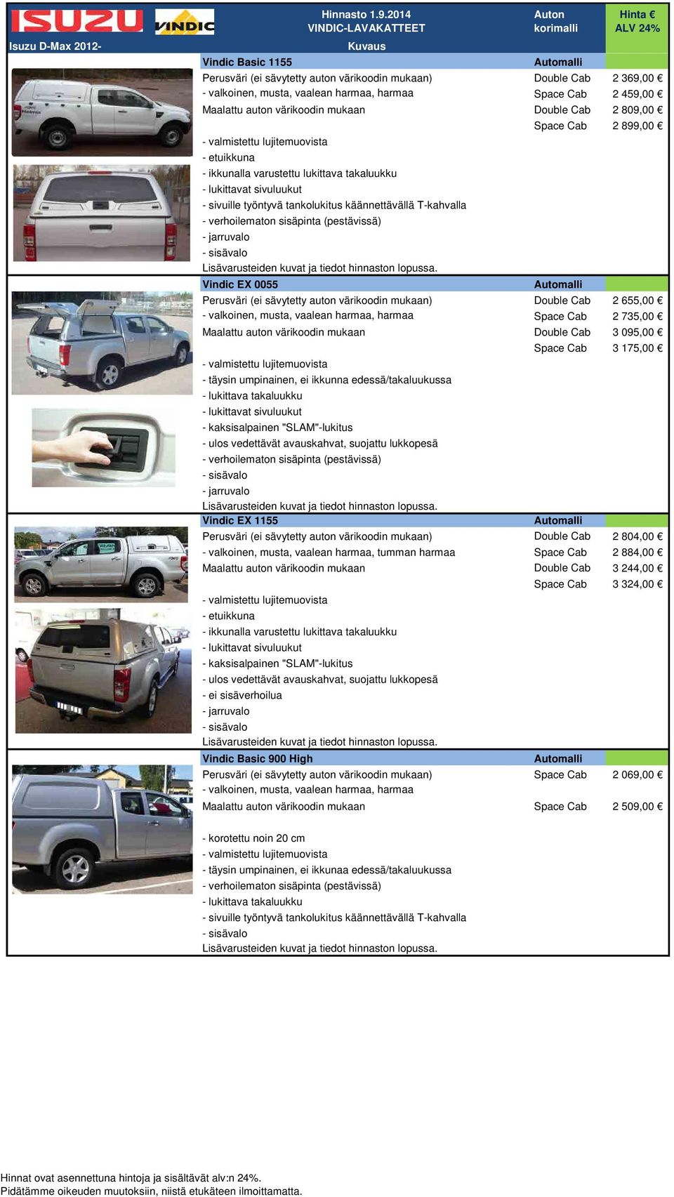 Maalattu auton värikoodin mukaan Double Cab 2 809,00 Vindic EX 0055 Space Cab 2 899,00 Perusväri (ei sävytetty auton värikoodin mukaan) Double Cab 2 655,00 - valkoinen, musta, vaalean harmaa, harmaa