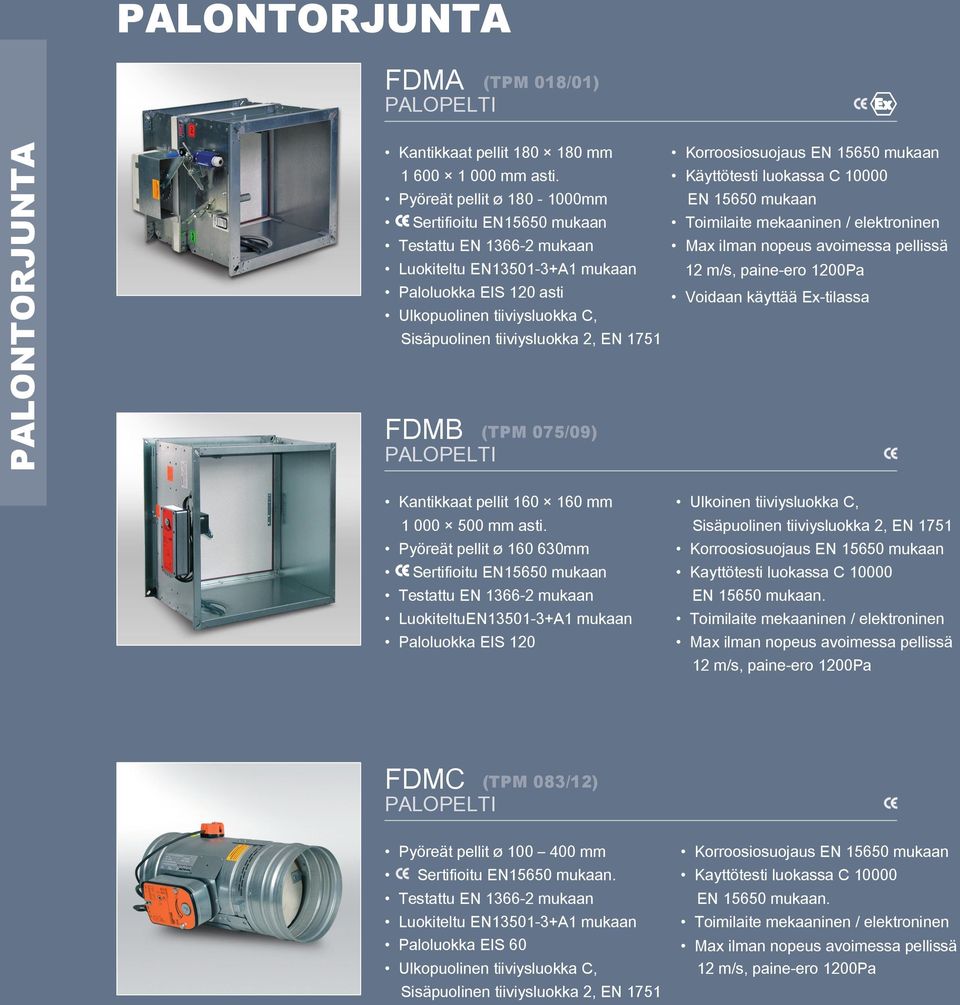 1751 FDMB Korroosiosuojaus EN 15650 mukaan Käyttötesti luokassa C 10000 EN 15650 mukaan Toimilaite mekaaninen / elektroninen Max ilman nopeus avoimessa pellissä 12 m/s, paine-ero 1200Pa Voidaan