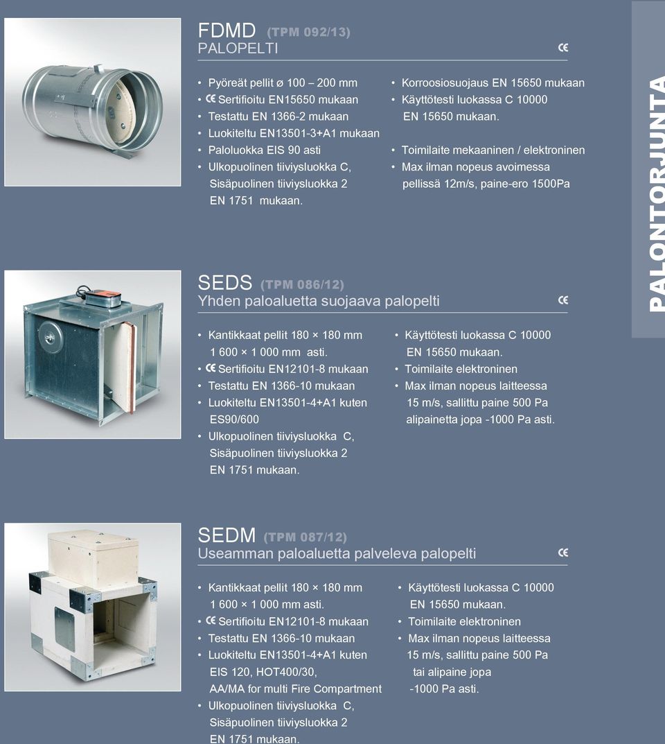 SEDS Korroosiosuojaus EN 15650 mukaan Käyttötesti luokassa C 10000 Toimilaite mekaaninen / elektroninen Max ilman nopeus avoimessa pellissä 12m/s, paine-ero 1500Pa (TPM 086/12) Yhden paloaluetta