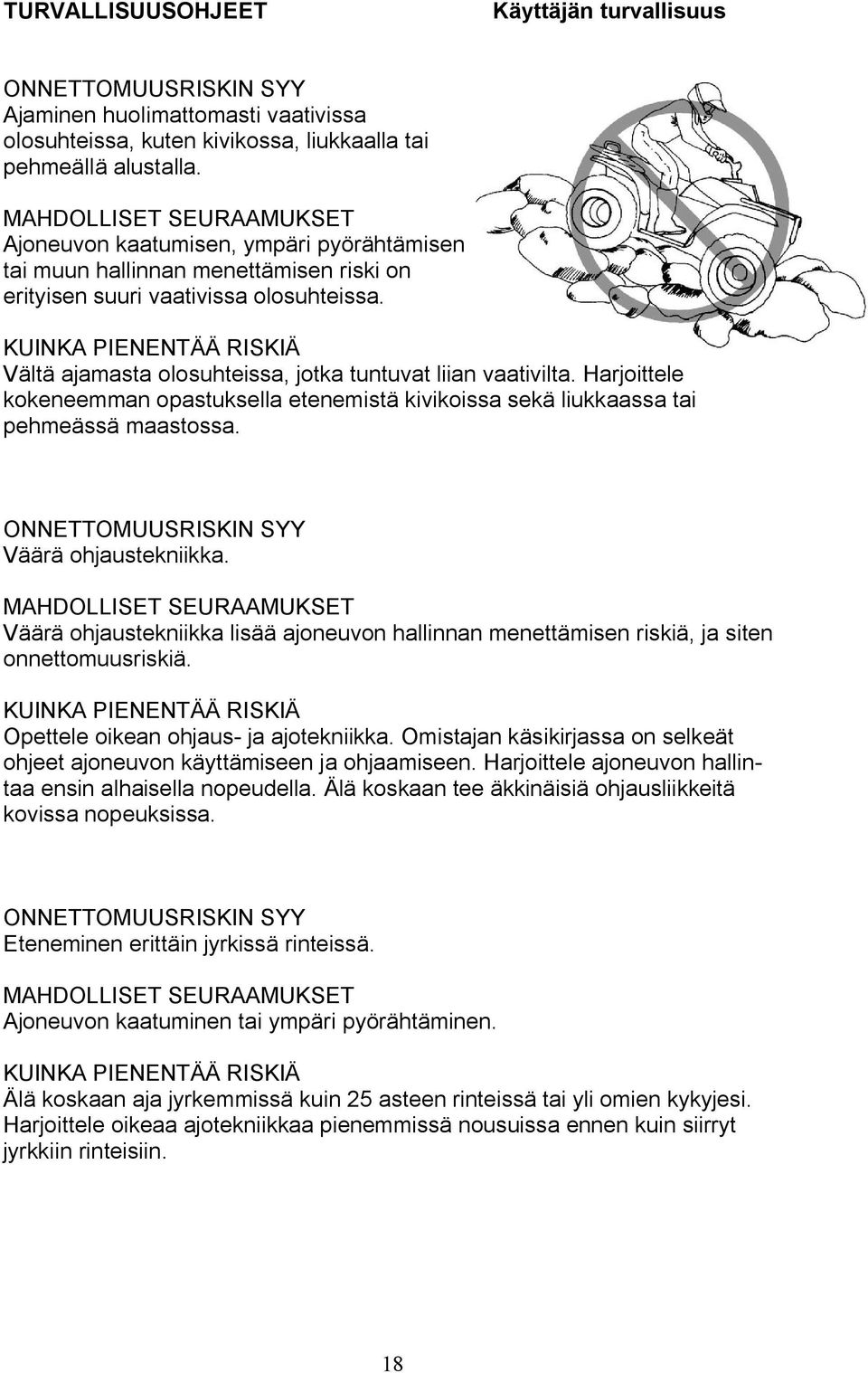 KUINKA PIENENTÄÄ RISKIÄ Vältä ajamasta olosuhteissa, jotka tuntuvat liian vaativilta. Harjoittele kokeneemman opastuksella etenemistä kivikoissa sekä liukkaassa tai pehmeässä maastossa.