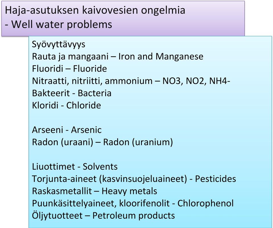 Arseeni - Arsenic Radon (uraani) Radon (uranium) Liuottimet - Solvents Torjunta-aineet (kasvinsuojeluaineet) -