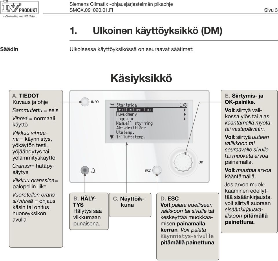 liike Vuorotellen oranssi/vihreä = ohjaus käsin tai ohitus huoneyksikön avulla B. HÄLYTYS Hälytys saa vilkkumaan punaisena. C. Näyttöikkuna D.