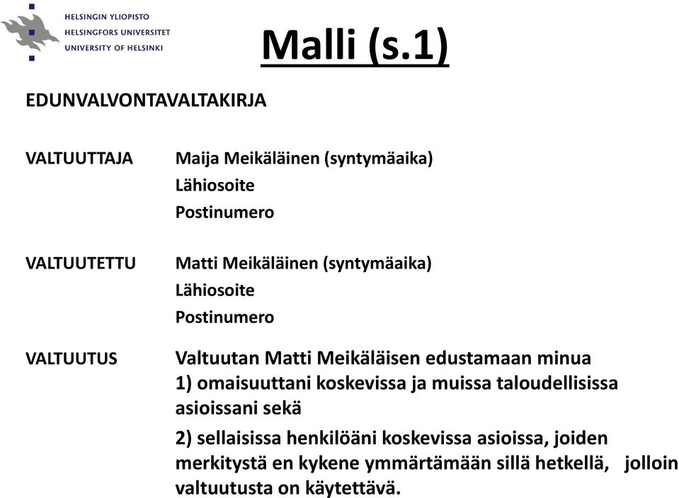 VALTUUTUS Matti Meikäläinen (syntymäaika) Lähiosoite Postinumero Valtuutan Matti Meikäläisen edustamaan