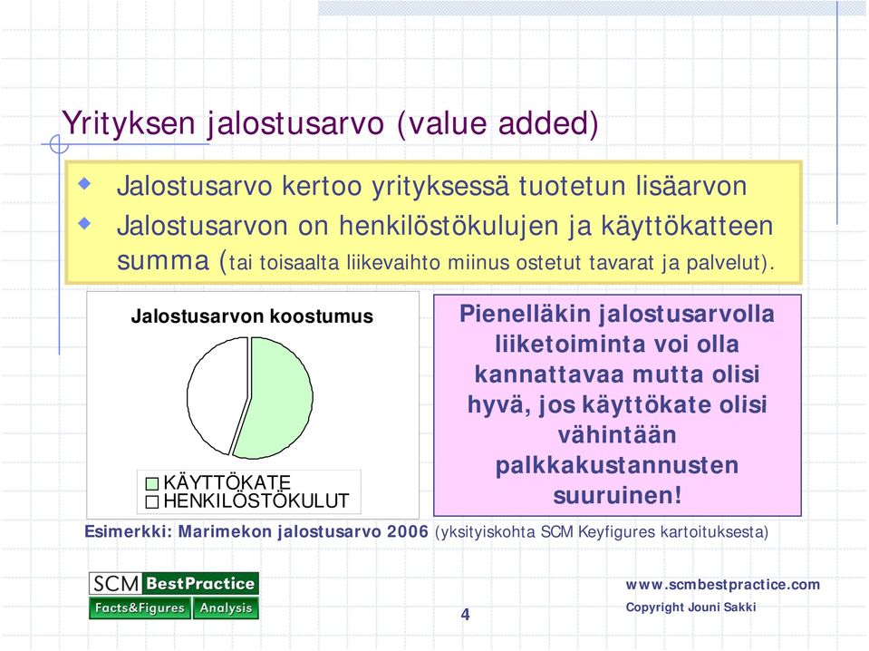 Jalostusarvon koostumus KÄYTTÖKATE HENKILÖSTÖKULUT Pienelläkin jalostusarvolla liiketoiminta voi olla kannattavaa mutta