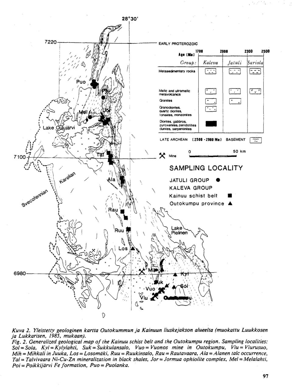 Losomäki, Ruu = Ruukinsalo, Rau = Rautavaara, Ala = Alanen talc occurrence, Tal = Talvivaara Ni-Cu-Zn mineralization in black shales, Jor = Jormua