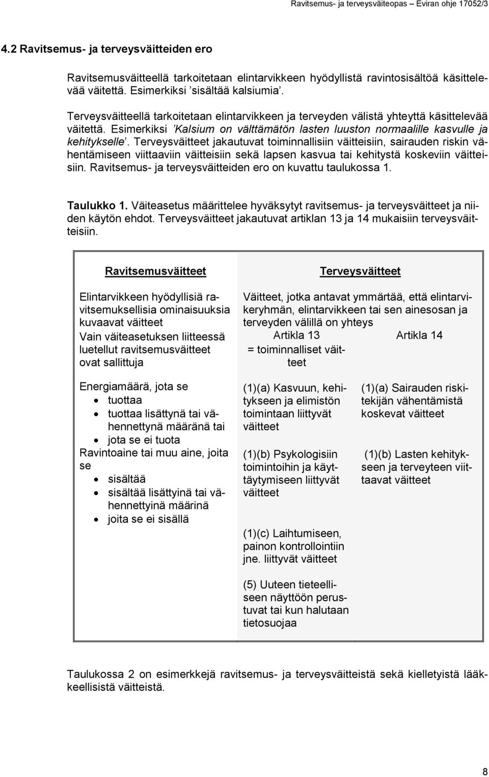 Terveysväitteet jakautuvat toiminnallisiin väitteisiin, sairauden riskin vähentämiseen viittaaviin väitteisiin sekä lapsen kasvua tai kehitystä koskeviin väitteisiin.