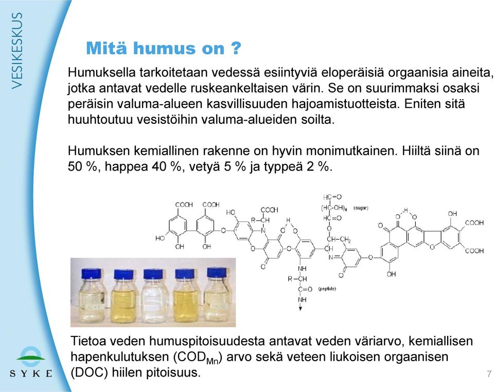 Eniten sitä huuhtoutuu vesistöihin valuma-alueiden soilta. Humuksen kemiallinen rakenne on hyvin monimutkainen.