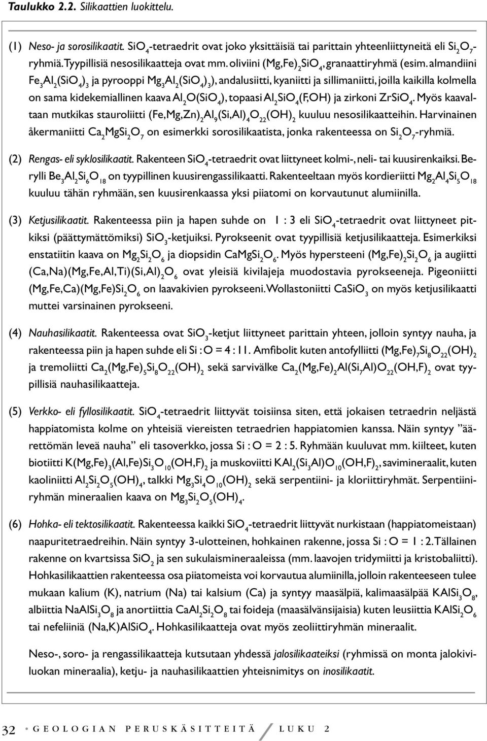 almandiini Fe 3 Al 2 (SiO 4 ) 3 ja pyrooppi Mg 3 Al 2 (SiO 4 ) 3 ), andalusiitti, kyaniitti ja sillimaniitti, joilla kaikilla kolmella on sama kidekemiallinen kaava Al 2 O(SiO 4 ), topaasi Al 2 SiO 4