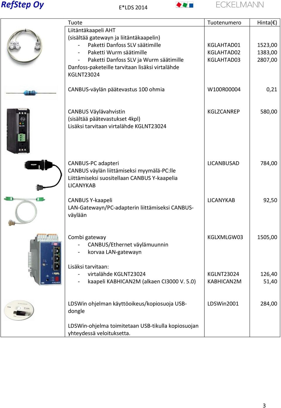 tarvitaan virtalähde KGLNT23024 KGLZCANREP 580,00 CANBUS-PC adapteri CANBUS väylän liittämiseksi myymälä-pc:lle Liittämiseksi suositellaan CANBUS Y-kaapelia LICANYKAB CANBUS Y-kaapeli