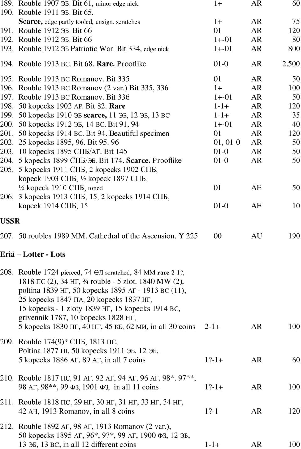 Rouble 1913 BC Romanov (2 var.) Bit 335, 336 1+ AR 100 197. Rouble 1913 BC Romanov. Bit 336 1+-01 AR 50 198. 50 kopecks 1902 AP. Bit 82. Rare 1-1+ AR 120 199.