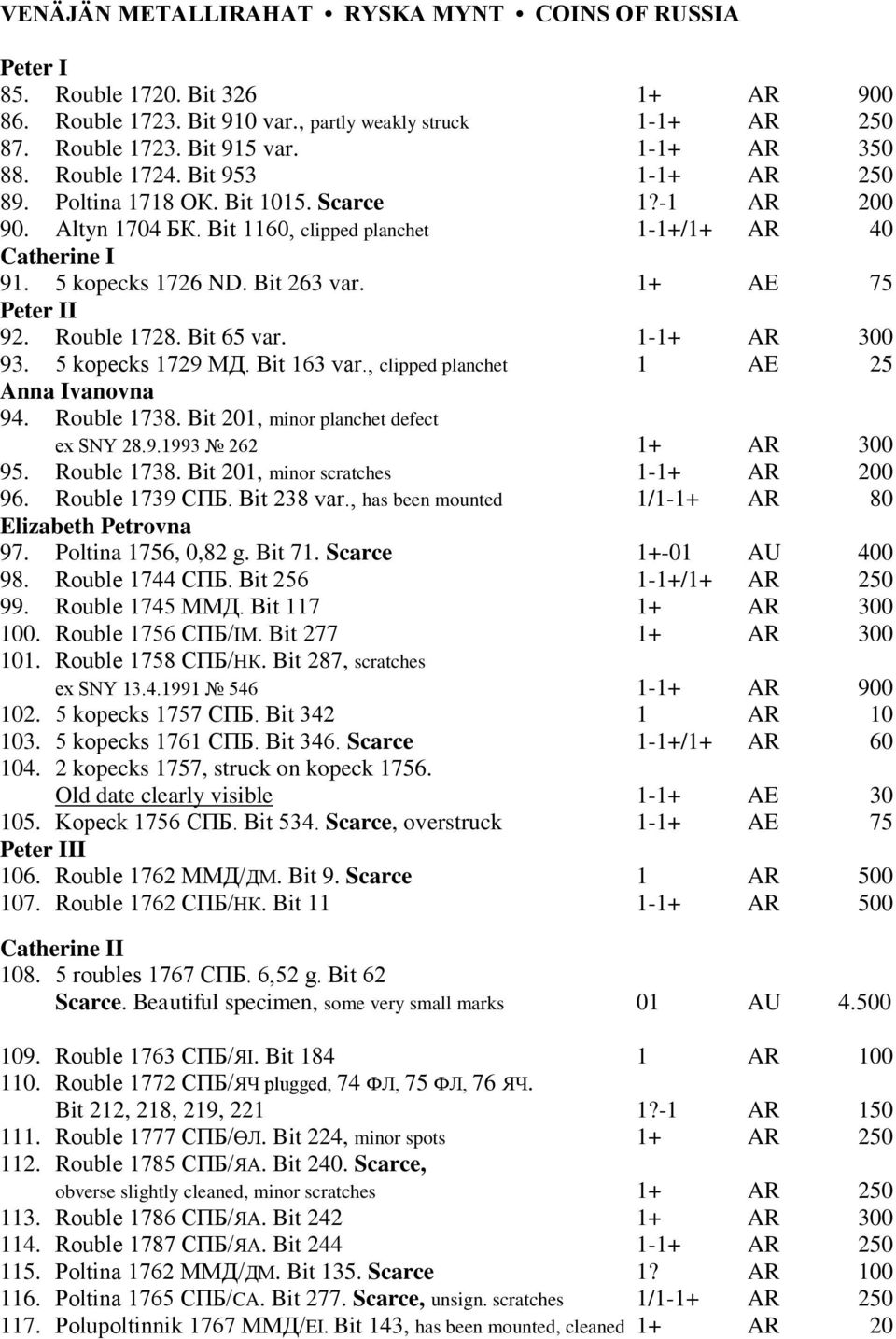 1+ AE 75 Peter II 92. Rouble 1728. Bit 65 var. 1-1+ AR 300 93. 5 kopecks 1729 MД. Bit 163 var., clipped planchet 1 AE 25 Anna Ivanovna 94. Rouble 1738. Bit 201, minor planchet defect ex SNY 28.9.1993 262 1+ AR 300 95.