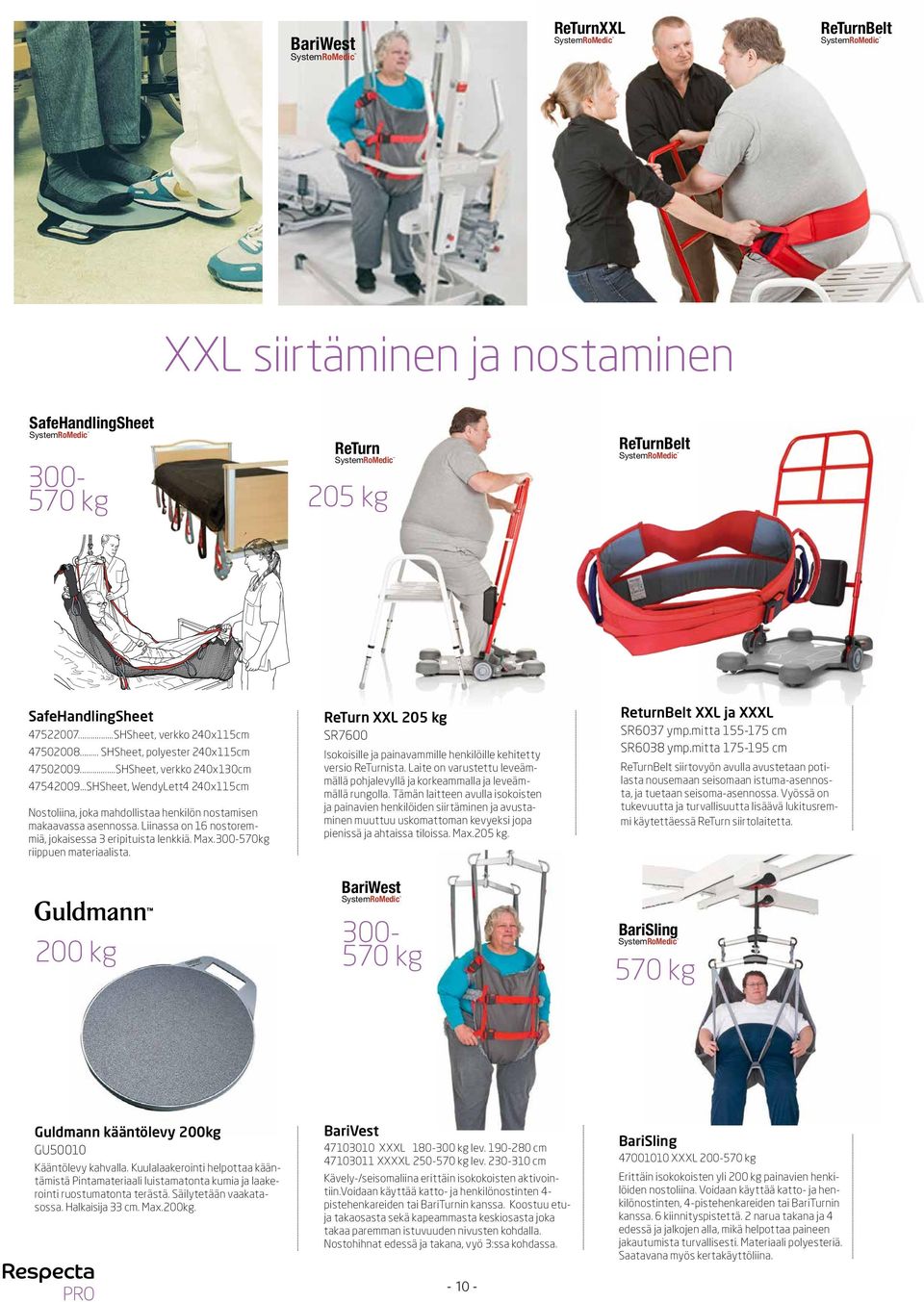 Liinassa on 16 nostoremmiä, jokaisessa 3 eripituista lenkkiä. Max.300-570kg riippuen materiaalista. ReTurn XXL 205 kg SR7600 Isokoisille ja painavammille henkilöille kehitetty versio ReTurnista.