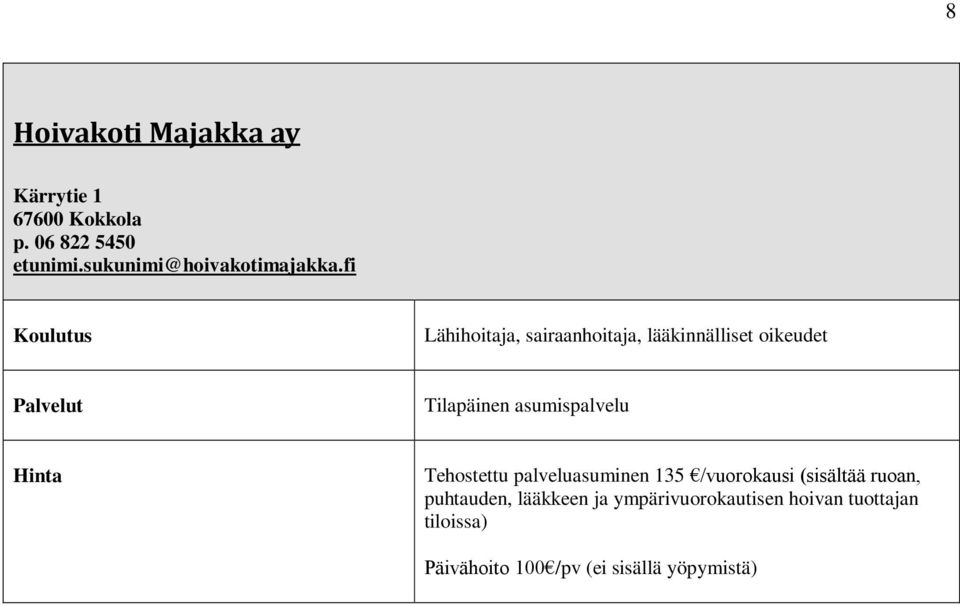 fi Lähihoitaja, sairaanhoitaja, lääkinnälliset oikeudet Tilapäinen asumispalvelu Hinta