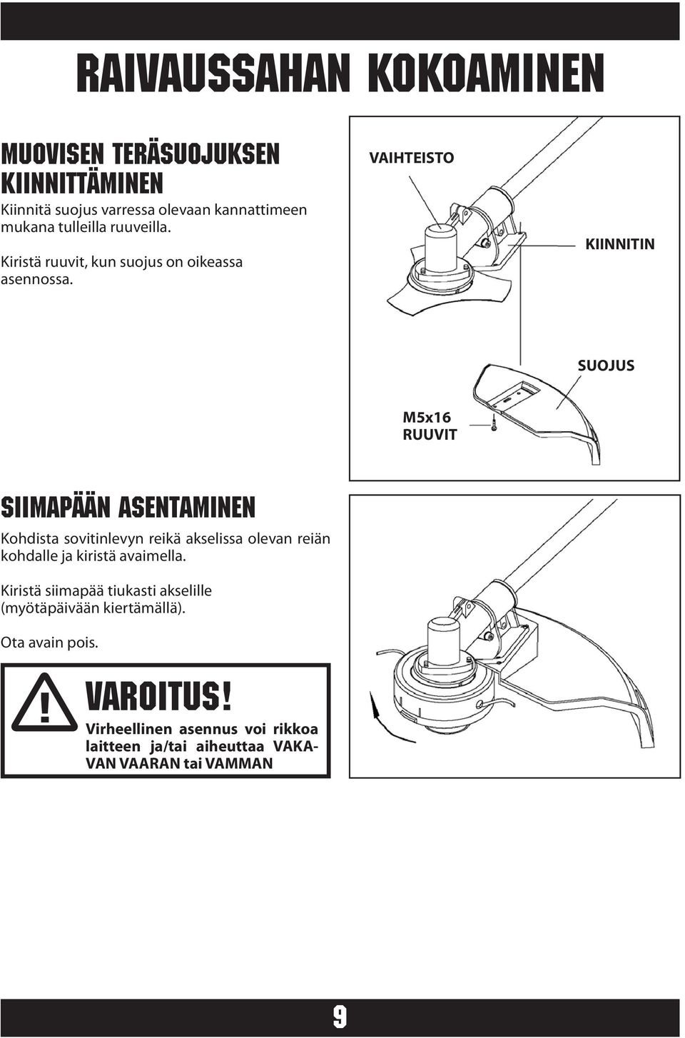 VAIHTEISTO KIINNITIN SUOJUS M5x16 RUUVIT SIIMAPÄÄN ASENTAMINEN Kohdista sovitinlevyn reikä akselissa olevan reiän kohdalle