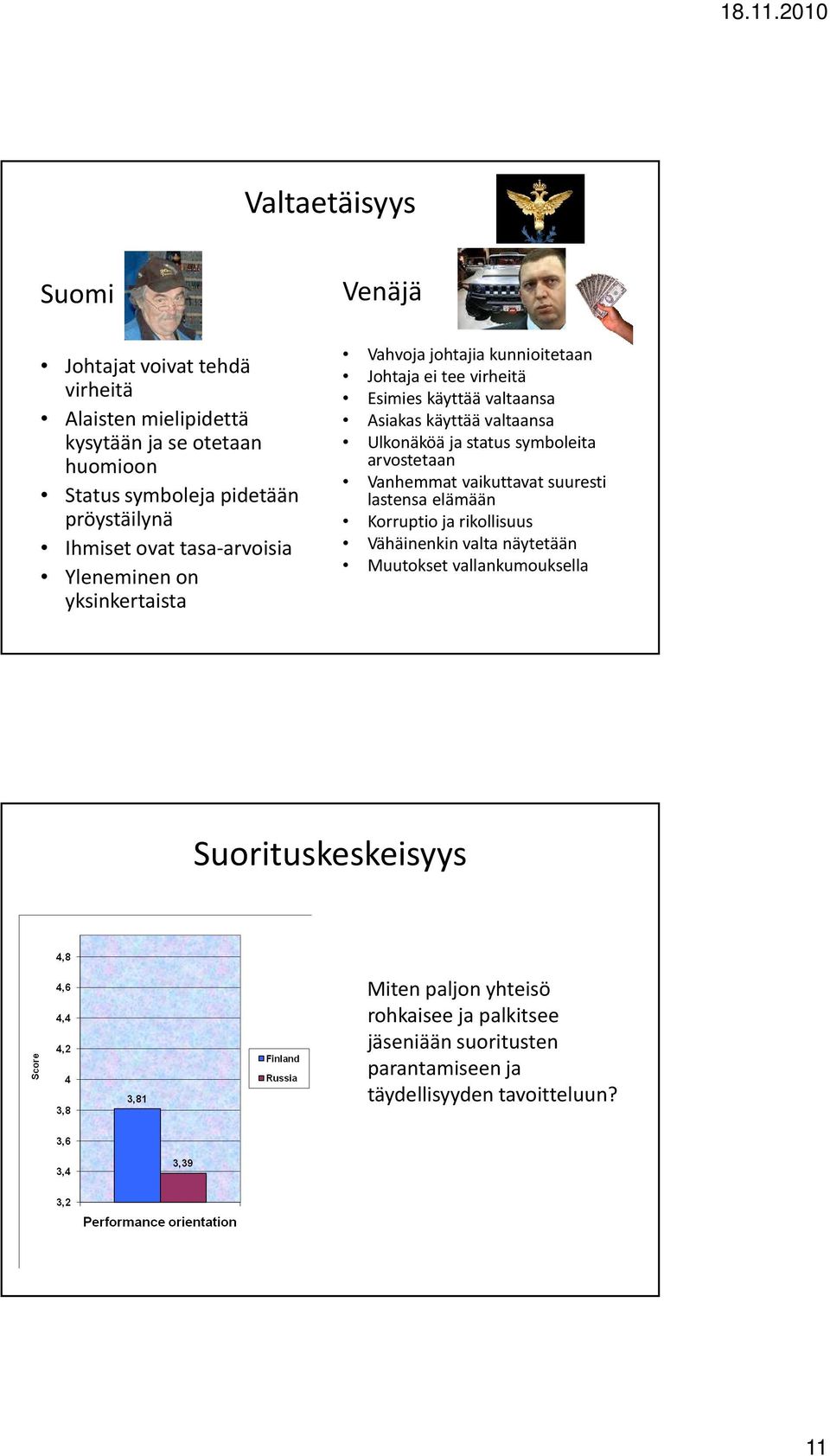 valtaansa Ulkonäköä ja status symboleita arvostetaan Vanhemmat vaikuttavat suuresti lastensa elämään Korruptio ja rikollisuus Vähäinenkin valta näytetään