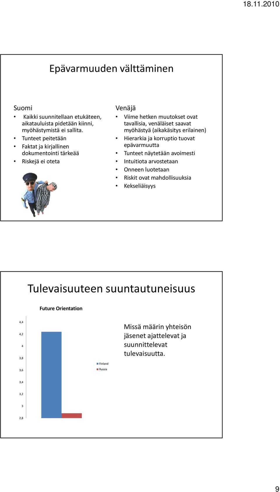 (aikakäsitys erilainen) Hierarkia ja korruptio tuovat epävarmuutta Tunteet näytetään avoimesti Intuitiota arvostetaan Onneen luotetaan Riskit ovat