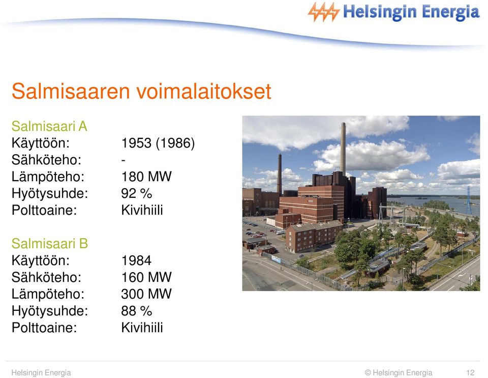 Kivihiili Salmisaari B Käyttöön: 1984 Sähköteho: 160 MW Lämpöteho: