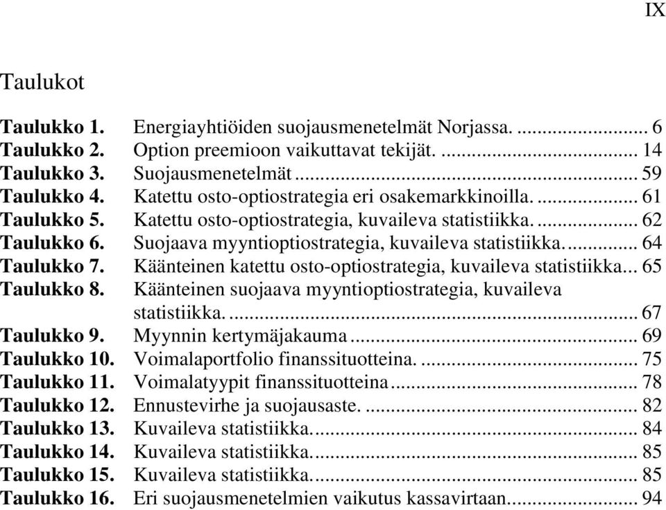 ... 64 Taulukko 7. Käänteinen katettu osto-optiostrategia, kuvaileva statistiikka... 65 Taulukko 8. Käänteinen suojaava myyntioptiostrategia, kuvaileva statistiikka.... 67 Taulukko 9.