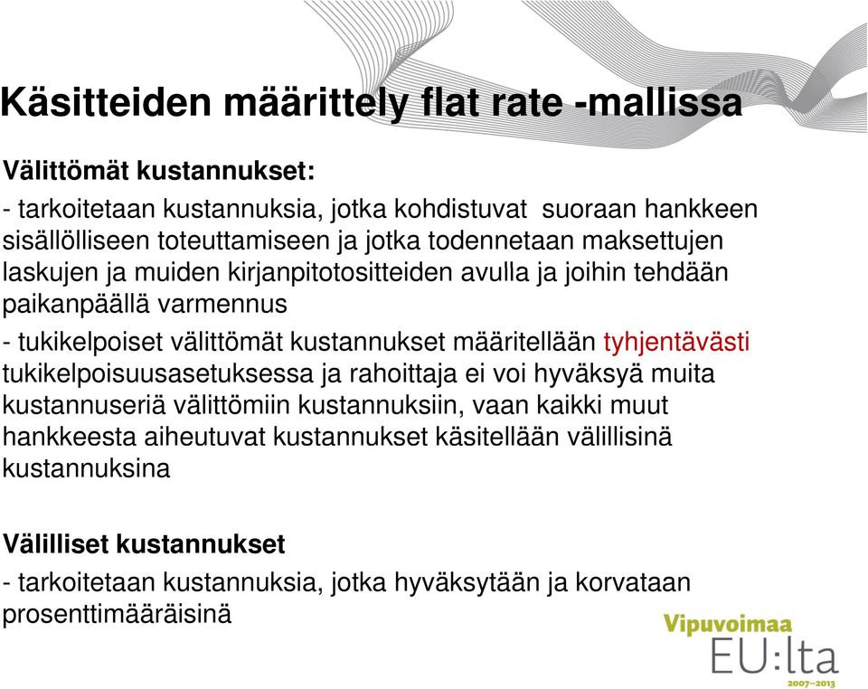 kustannukset määritellään tyhjentävästi tukikelpoisuusasetuksessa ja rahoittaja ei voi hyväksyä muita kustannuseriä välittömiin kustannuksiin, vaan kaikki muut