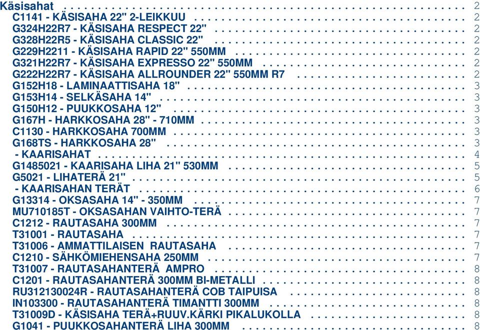 .. 3 G167H - HARKKOSAHA 28" - 710MM... 3 C1130 - HARKKOSAHA 700MM... 3 G168TS - HARKKOSAHA 28"... 3 - KAARISAHAT... 4 G1485021 - KAARISAHA LIHA 21" 530MM... 5 G5021 - LIHATERÄ 21".