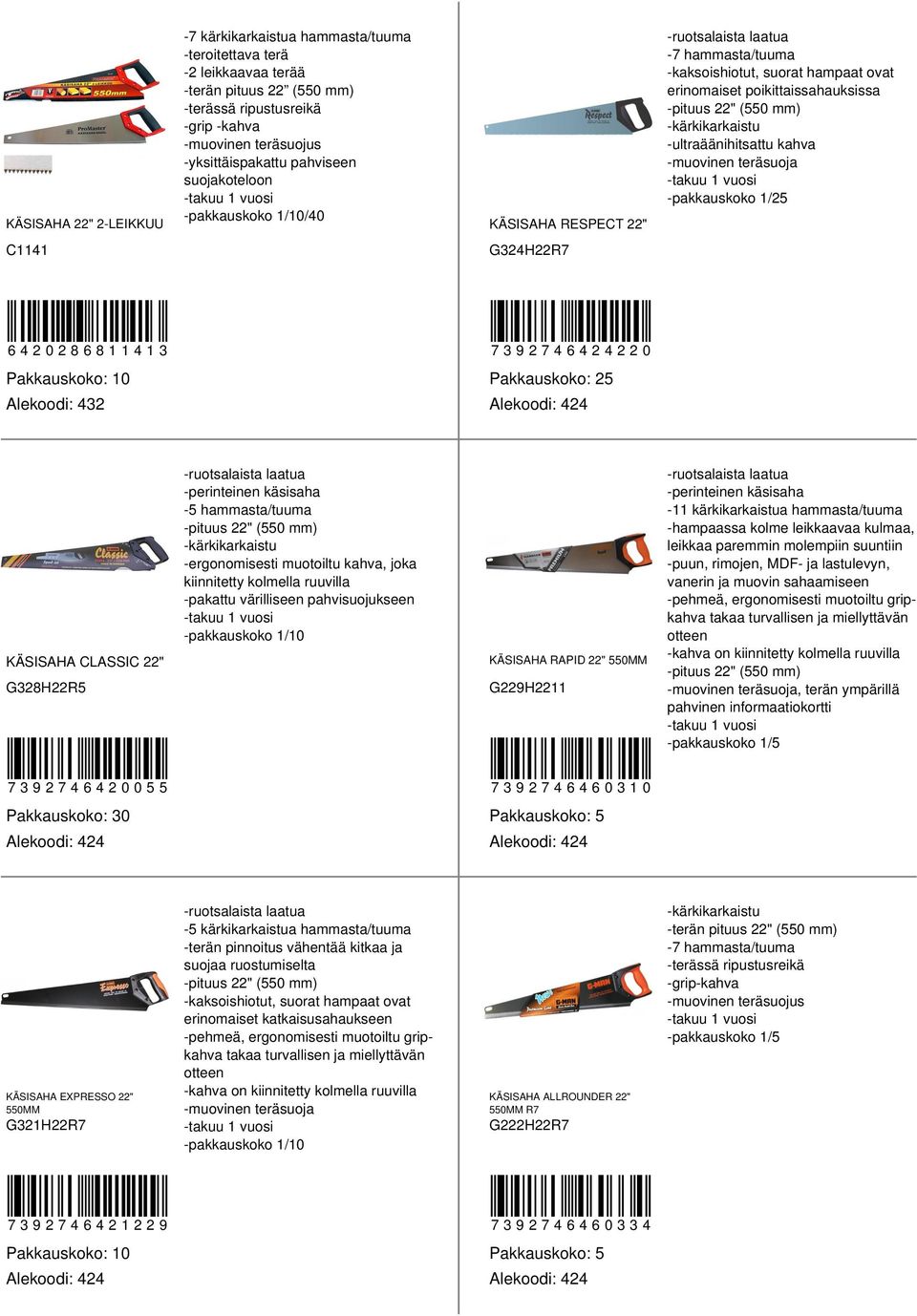 kahva -pakkauskoko 1/25 C1141 G324H22R7 6420286811413 7392746424220 Alekoodi: 432 Pakkauskoko: 25 KÄSISAHA CLASSIC 22" G328H22R5 -ruotsalaista laatua -perinteinen käsisaha -5 hammasta/tuuma -pituus