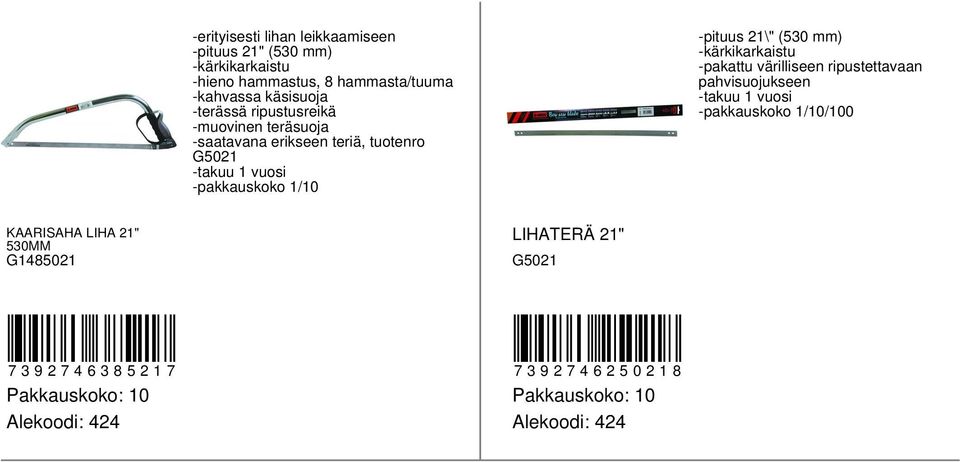 teriä, tuotenro G5021 -pituus 21\" (530 mm) -pakattu värilliseen ripustettavaan