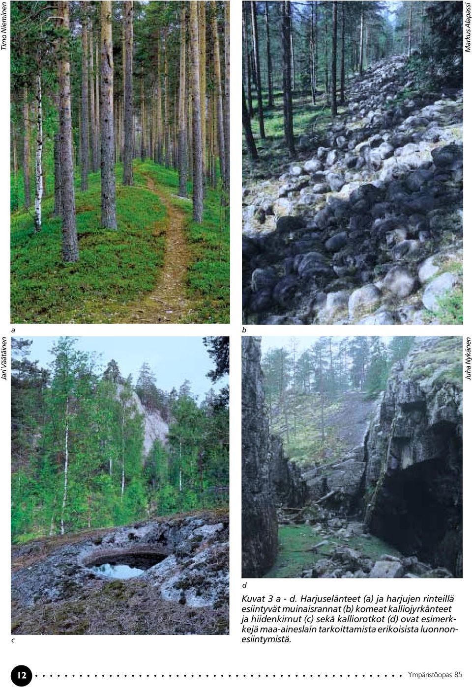 kalliojyrkänteet ja hiidenkirnut (c) sekä kalliorotkot (d) ovat esimerkkejä
