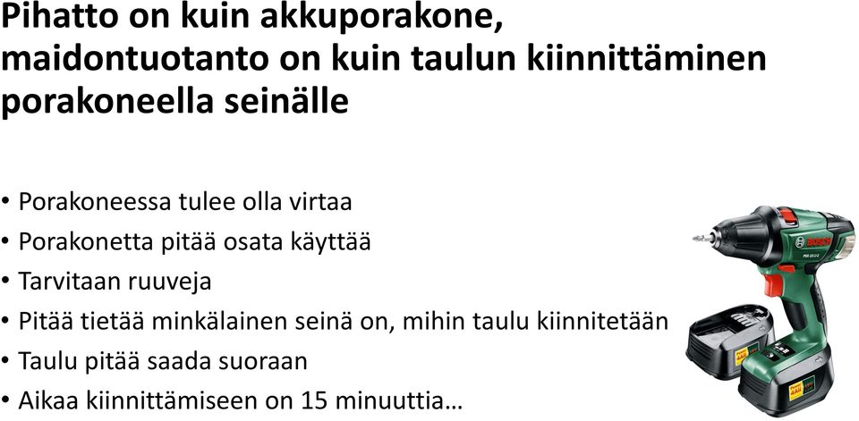 osata käyttää Tarvitaan ruuveja Pitää tietää minkälainen seinä on, mihin