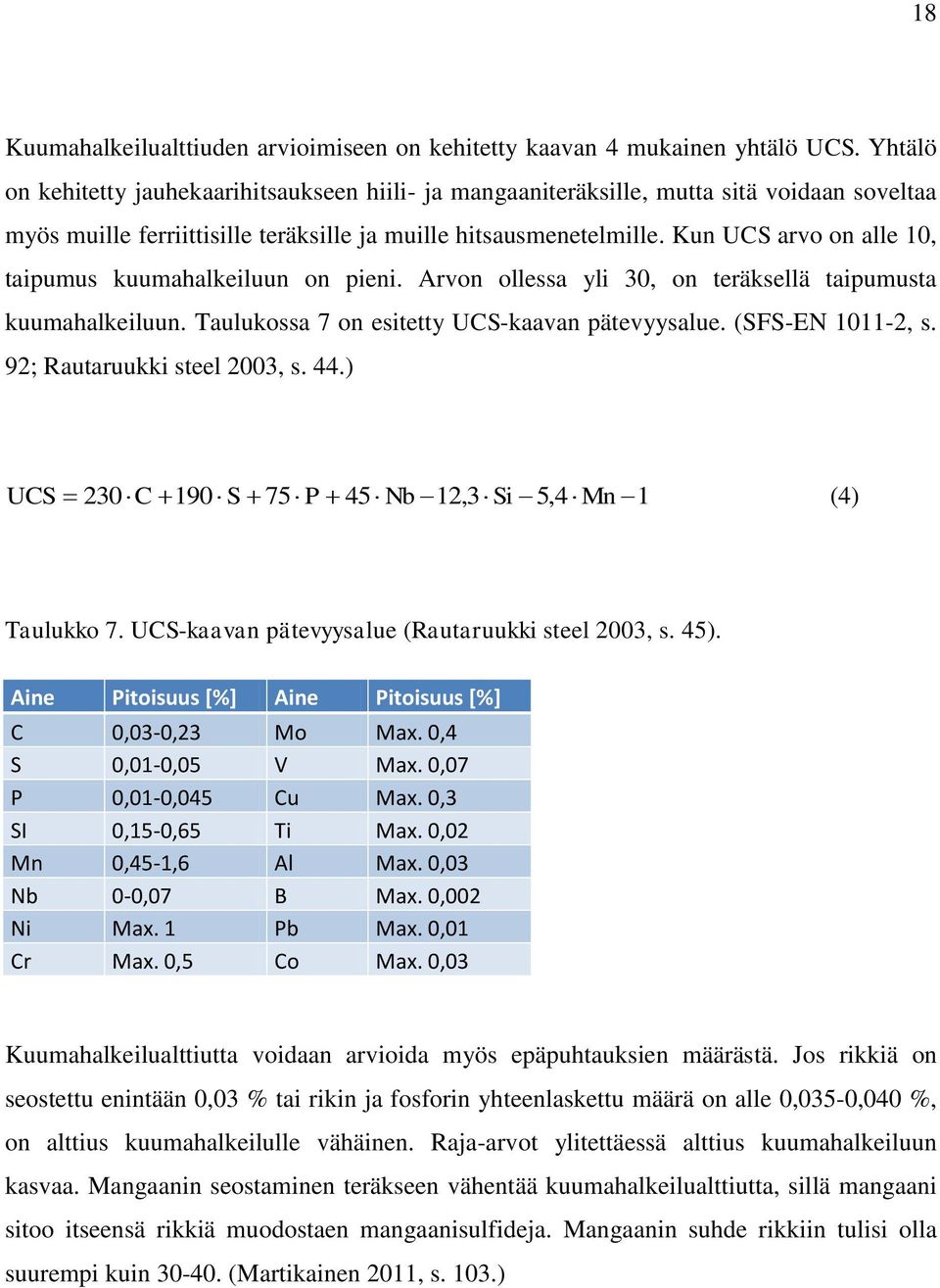 Kun UCS arvo on alle 10, taipumus kuumahalkeiluun on pieni. Arvon ollessa yli 30, on teräksellä taipumusta kuumahalkeiluun. Taulukossa 7 on esitetty UCS-kaavan pätevyysalue. (SFS-EN 1011-2, s.