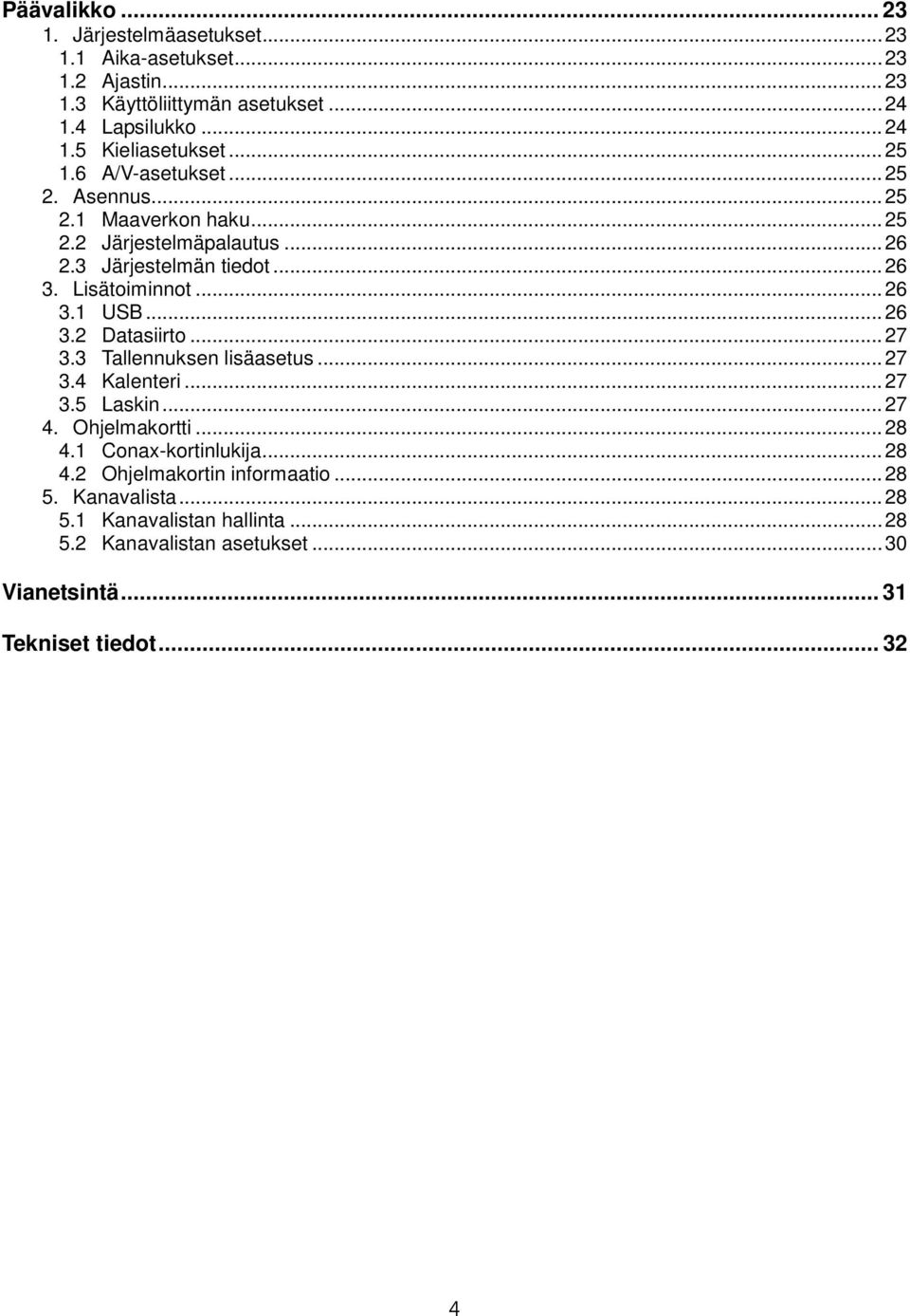 .. 26 3.2 Datasiirto... 27 3.3 Tallennuksen lisäasetus... 27 3.4 Kalenteri... 27 3.5 Laskin... 27 4. Ohjelmakortti... 28 4.1 Conax-kortinlukija... 28 4.2 Ohjelmakortin informaatio.