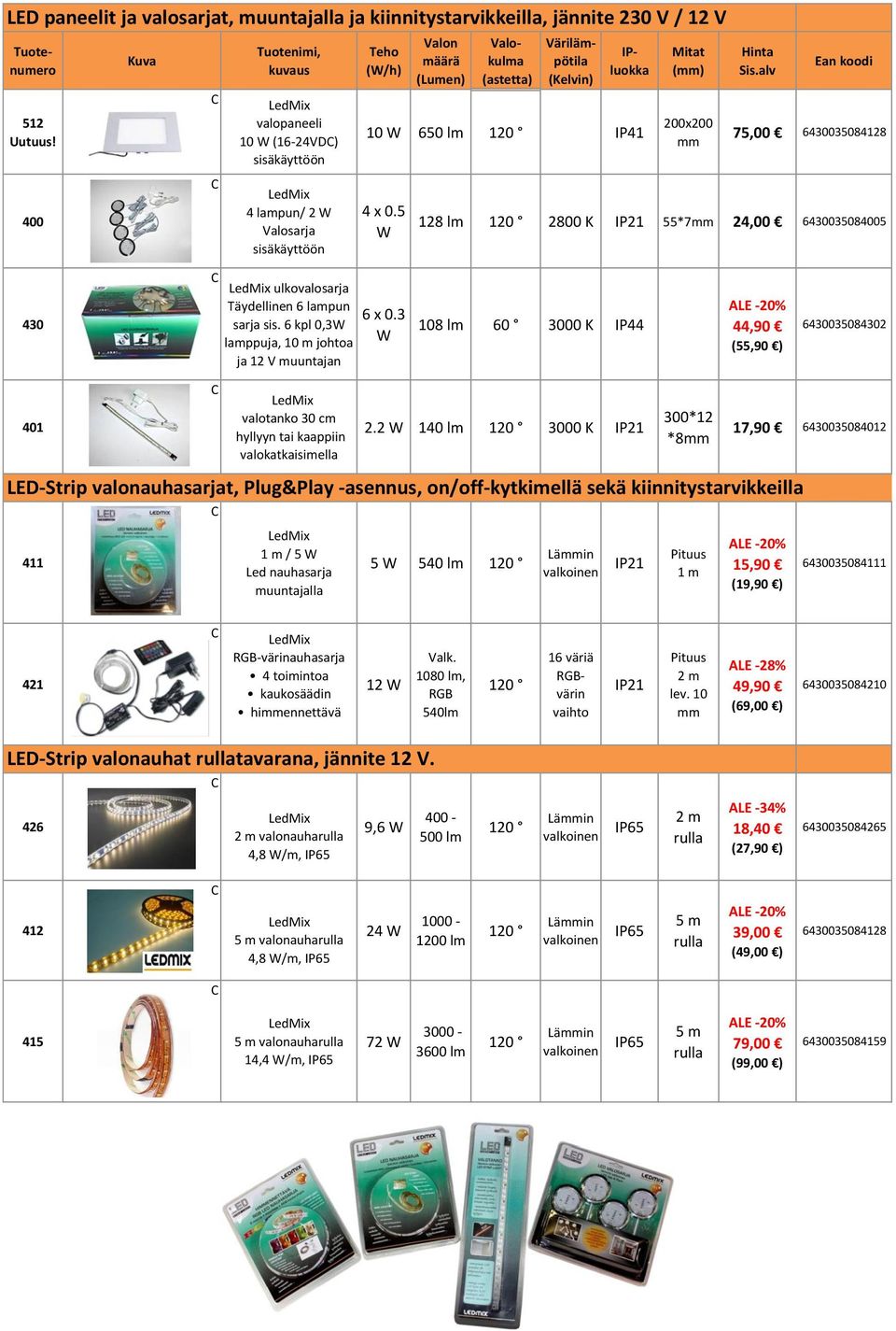 6 kpl 0,3W lamppuja, 10 m johtoa W 108 lm 60 3000 K IP44 44,90 (55,90 ) ja 12 V muuntajan 6430035084302 401 411 valotanko 30 cm hyllyyn tai kaappiin valokatkaisimella 1 m / 5 W Led nauhasarja