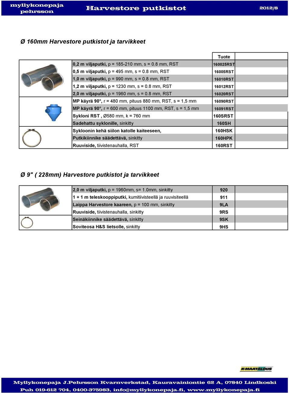 8 mm, RST 16020RST MP käyrä 90, r = 480 mm, pituus 880 mm, RST, s = 1,5 mm 16090RST MP käyrä 90, r = 600 mm, pituus 1100 mm, RST, s = 1,5 mm 16091RST Sykloni RST, Ø580 mm, k = 760 mm 160SRST