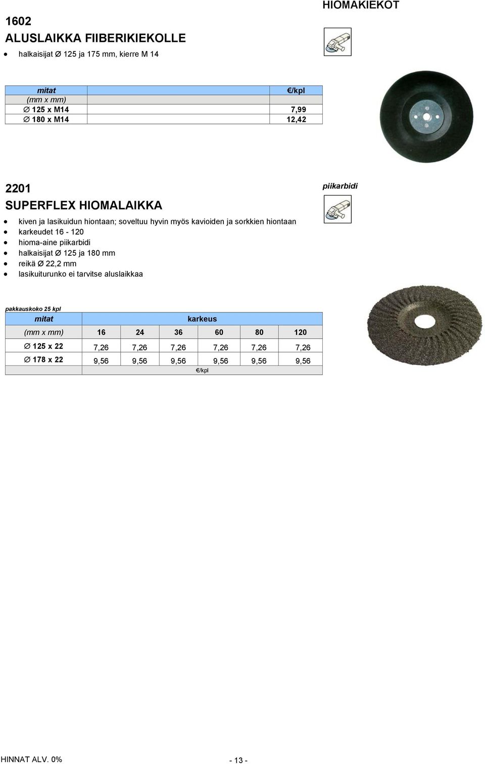 16-120 hioma-aine piikarbidi halkaisijat Ø 125 ja 180 mm reikä Ø 22,2 mm lasikuiturunko ei tarvitse aluslaikkaa pakkauskoko 25