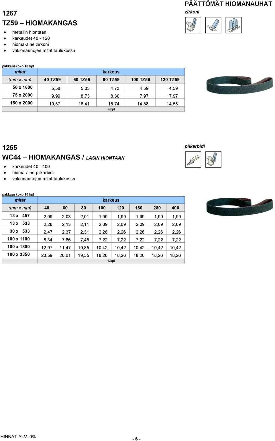 hioma-aine piikarbidi vakionauhojen taulukossa pakkauskoko 10 kpl karkeus (mm x mm) 40 60 80 100 120 180 280 400 13 x 457 2,09 2,03 2,01 1,99 1,99 1,99 1,99 1,99 13 x 533 2,28 2,13 2,11 2,09 2,09