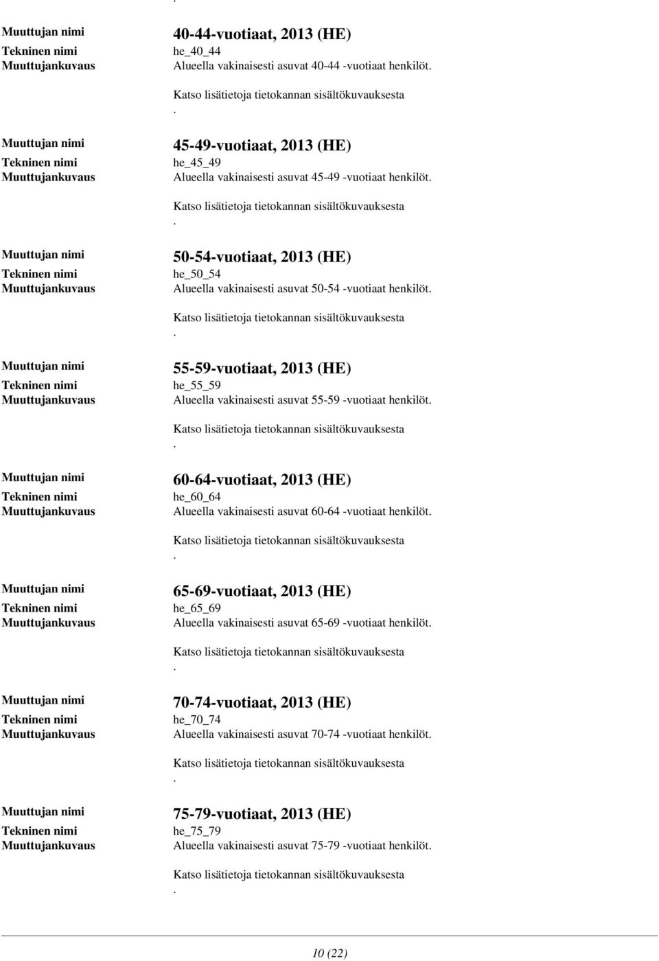 60-64-vuotiaat, 2013 (HE) he_60_64 Alueella vakinaisesti asuvat 60-64 -vuotiaat henkilöt 65-69-vuotiaat, 2013 (HE) he_65_69 Alueella vakinaisesti asuvat 65-69 -vuotiaat henkilöt