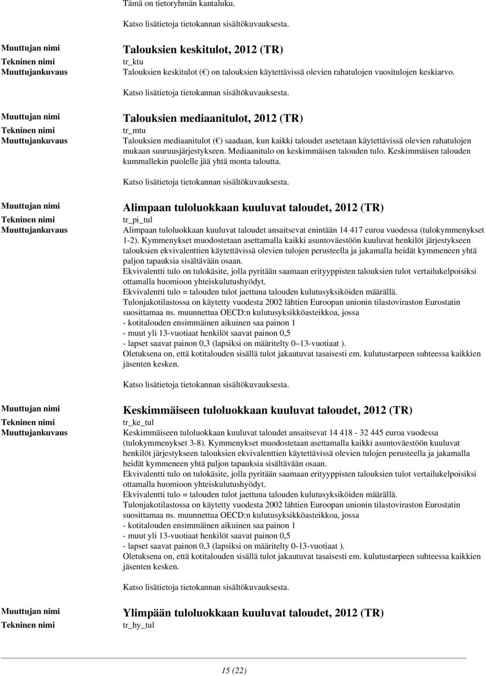 talouden kummallekin puolelle jää yhtä monta taloutta Alimpaan tuloluokkaan kuuluvat taloudet, 2012 (TR) tr_pi_tul Alimpaan tuloluokkaan kuuluvat taloudet ansaitsevat enintään 14 417 euroa vuodessa