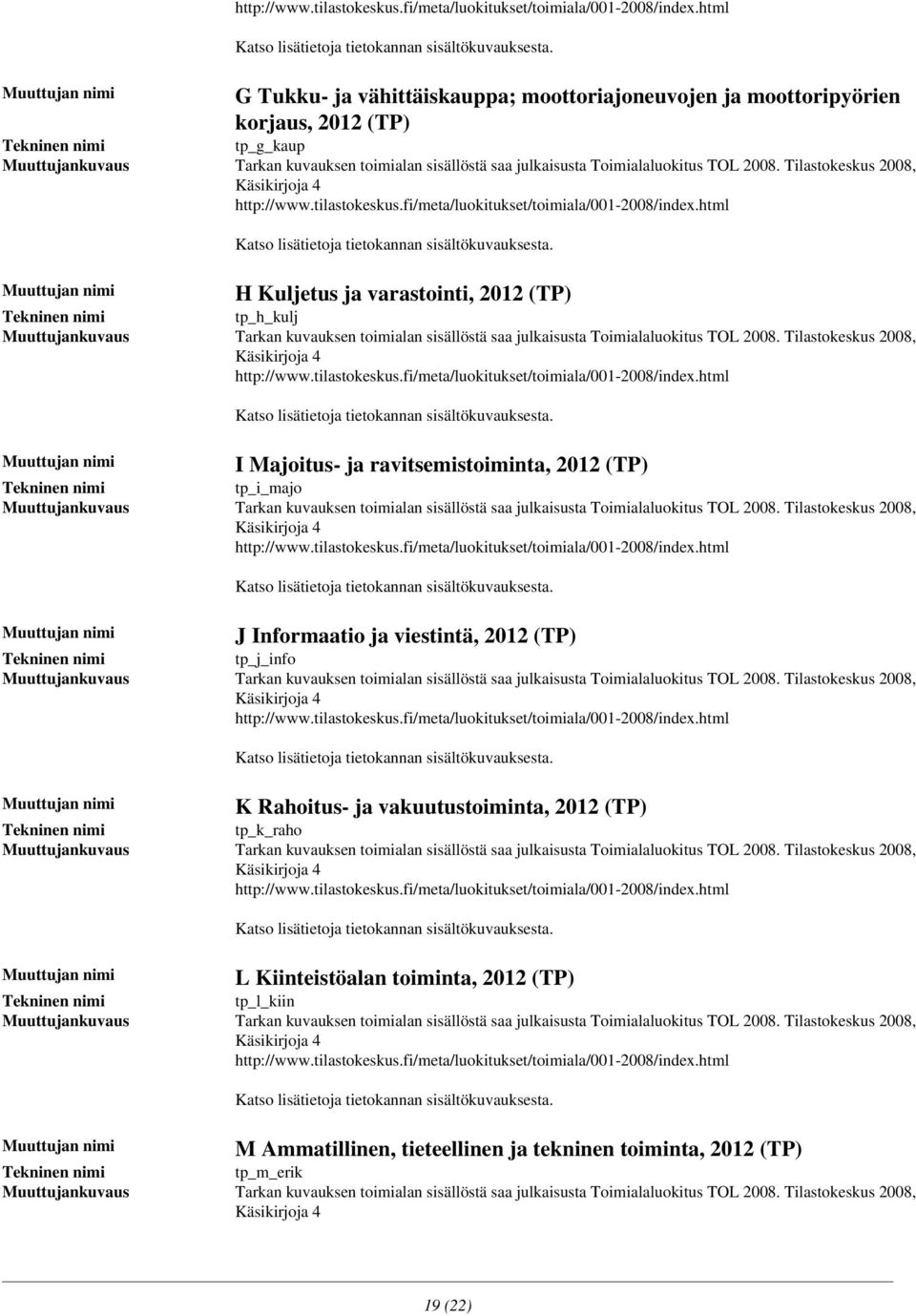 kuvauksen toimialan sisällöstä saa julkaisusta Toimialaluokitus TOL 2008 Tilastokeskus 2008, http://wwwtilastokeskusfi/meta/luokitukset/toimiala/001-2008/indexhtml I Majoitus- ja ravitsemistoiminta,