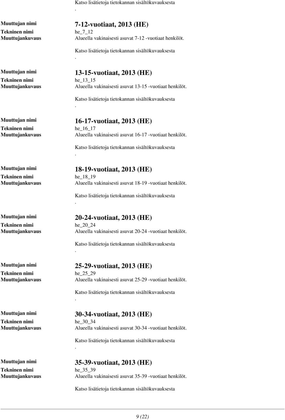 20-24-vuotiaat, 2013 (HE) he_20_24 Alueella vakinaisesti asuvat 20-24 -vuotiaat henkilöt 25-29-vuotiaat, 2013 (HE) he_25_29 Alueella vakinaisesti asuvat 25-29 -vuotiaat henkilöt