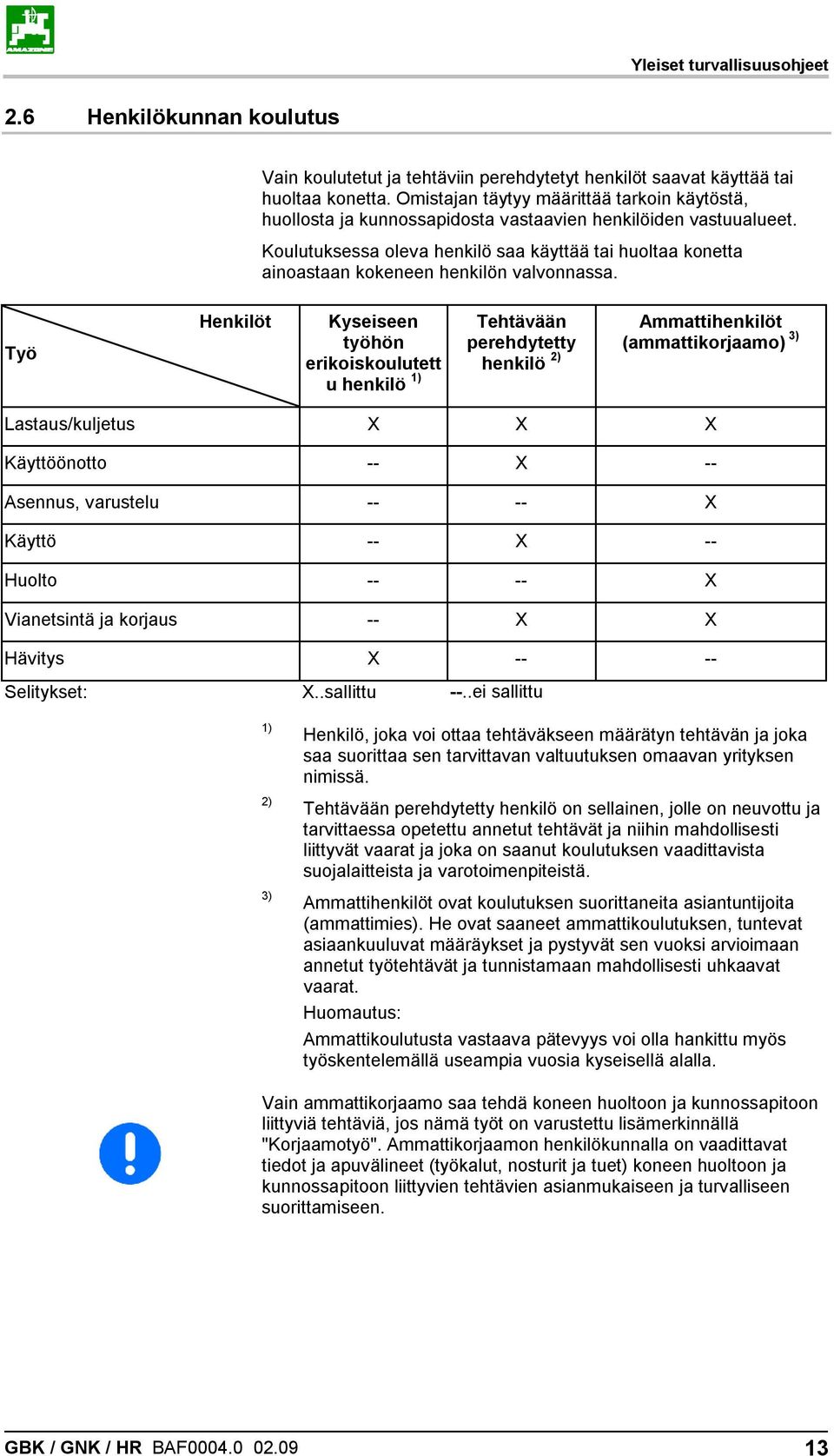 Koulutuksessa oleva henkilö saa käyttää tai huoltaa konetta ainoastaan kokeneen henkilön valvonnassa.