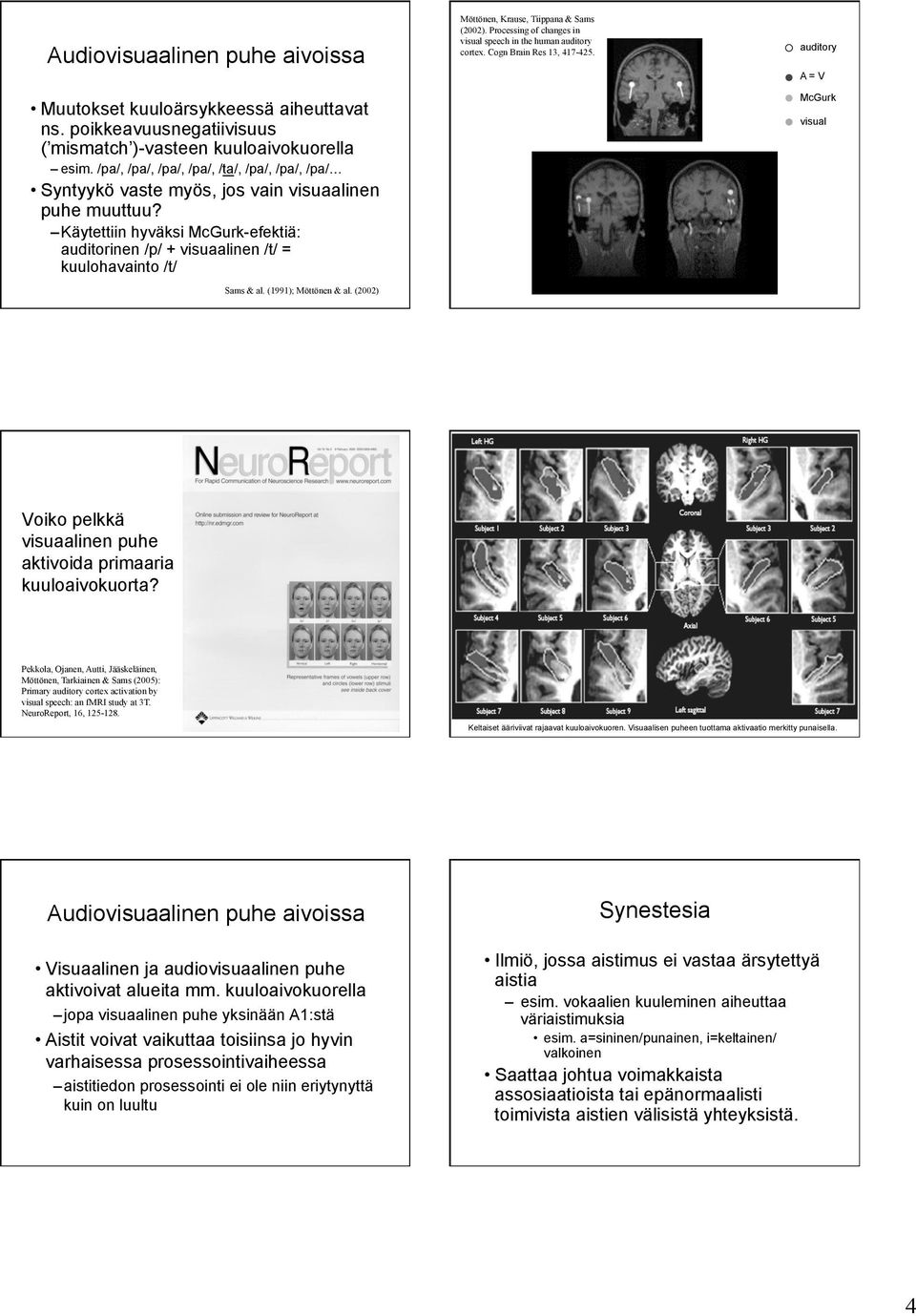 Käytettiin hyväksi McGurk-efektiä: auditorinen /p/ + visuaalinen /t/ = kuulohavainto /t/ Sams & al. (1991); Möttönen & al. (2002) Möttönen, Krause, Tiippana & Sams (2002).