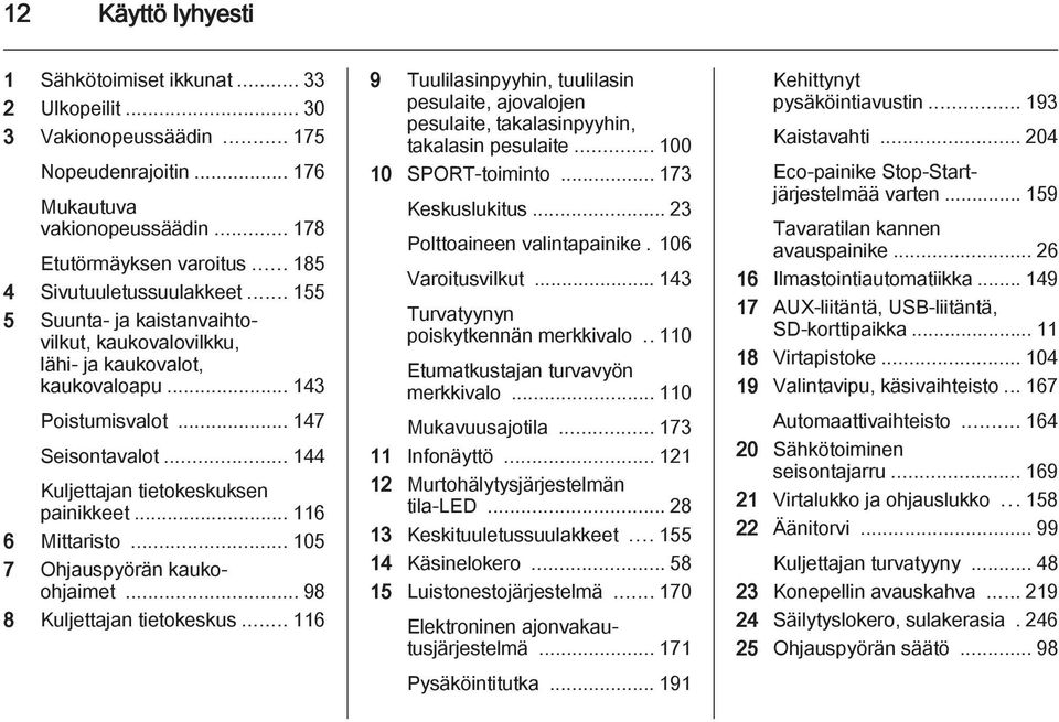 .. 144 Kuljettajan tietokeskuksen painikkeet... 116 6 Mittaristo... 105 7 Ohjauspyörän kaukoohjaimet... 98 8 Kuljettajan tietokeskus.