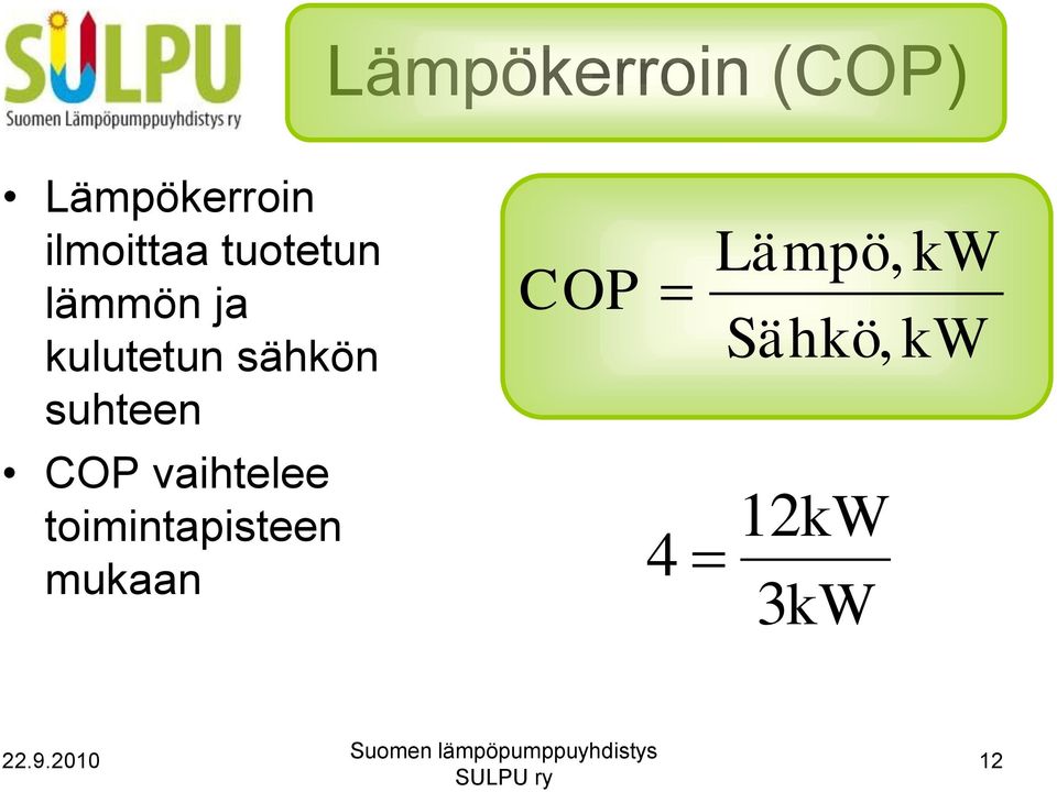 sähkön suhteen COP vaihtelee