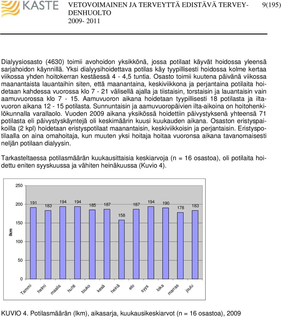 Osasto toimii kuutena päivänä viikossa maanantaista lauantaihin siten, että maanantaina, keskiviikkona ja perjantaina potilaita hoidetaan kahdessa vuorossa klo 7-21 välisellä ajalla ja tiistaisin,