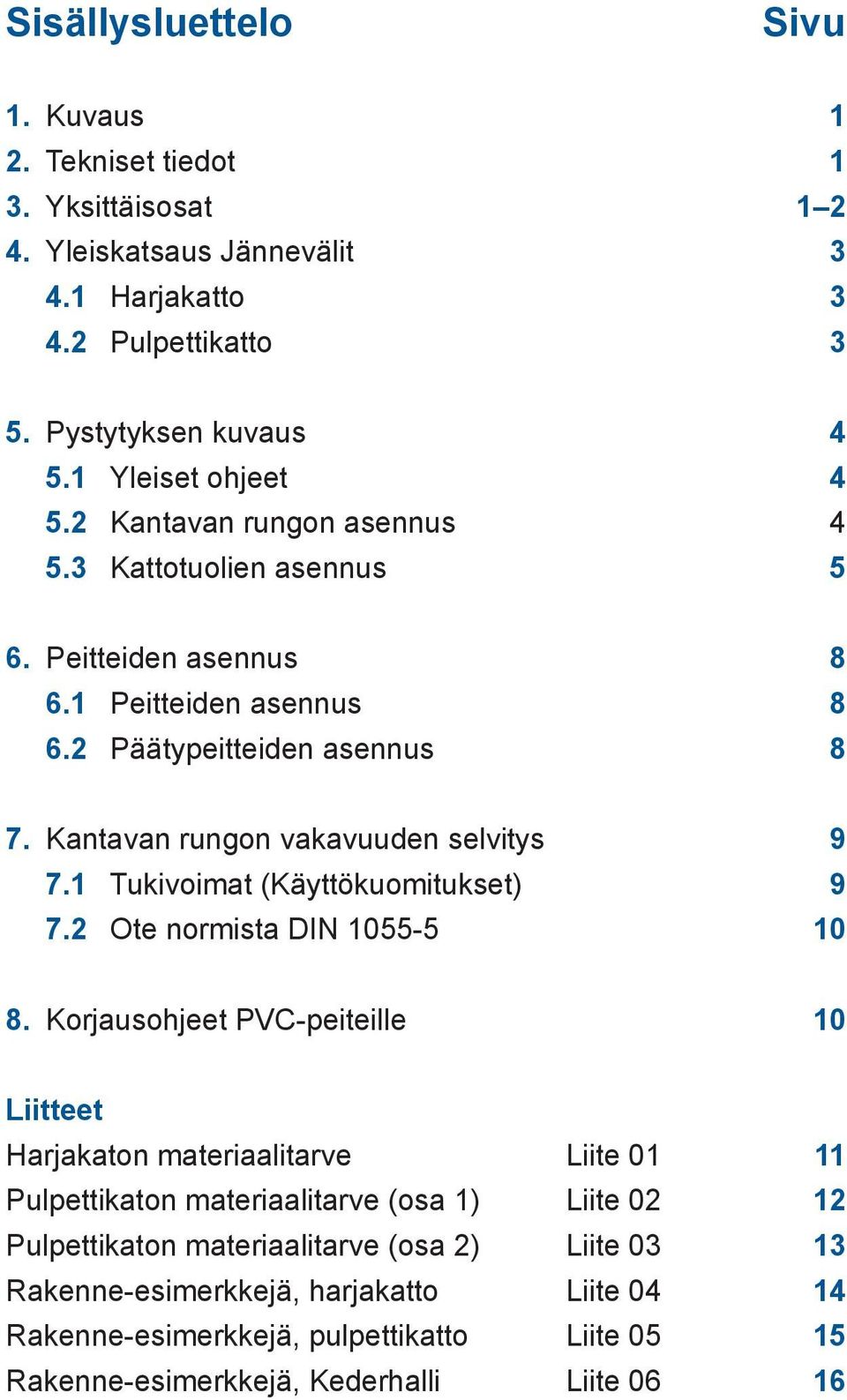 Kantavan rungon vakavuuden selvitys 9 7.1 Tukivoimat (Käyttökuomitukset) 9 7.2 Ote normista DIN 1055-5 10 8.