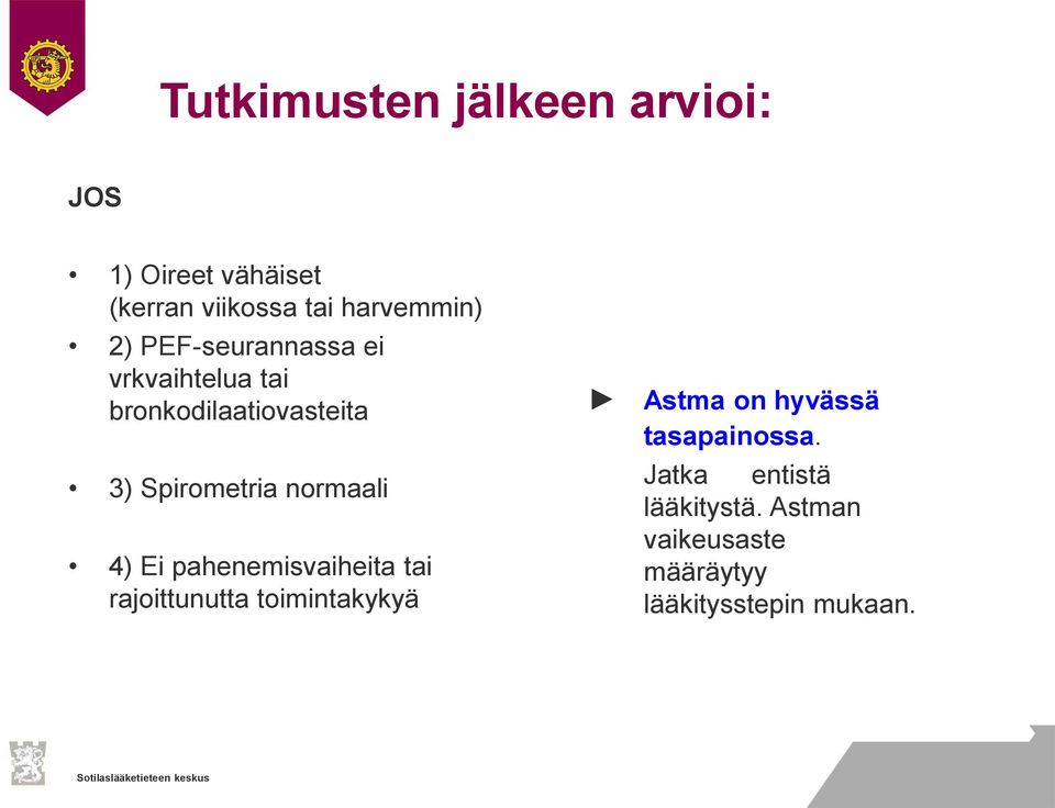 normaali 4) Ei pahenemisvaiheita tai rajoittunutta toimintakykyä Astma on hyvässä