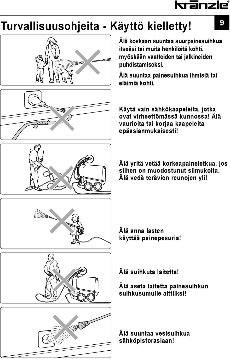 Älä suuntaa painesuihkua ihmisiä tai eläimiä kohti. 9 Käytä vain sähkökaapeleita, jotka ovat virheettömässä kunnossa!