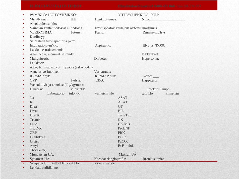 Leikkaus/ trakeostomia: Anamneesi, aiemmat sairaudet leikkaukset: Maligniteetit: Diabetes: Hypertonia: Lääkkeet: Alko, huumausaineet, tupakka (askivuodet): Annetut verituotteet: Verivaraus: RR/MAP