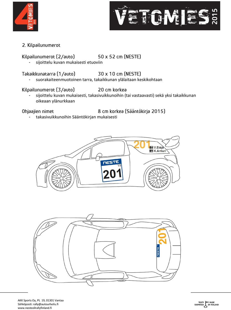 Kilpailunumerot (3/auto) 20 cm korkea - sijoittelu kuvan mukaisesti, takasivuikkunoihin (tai vastaavasti) sekä