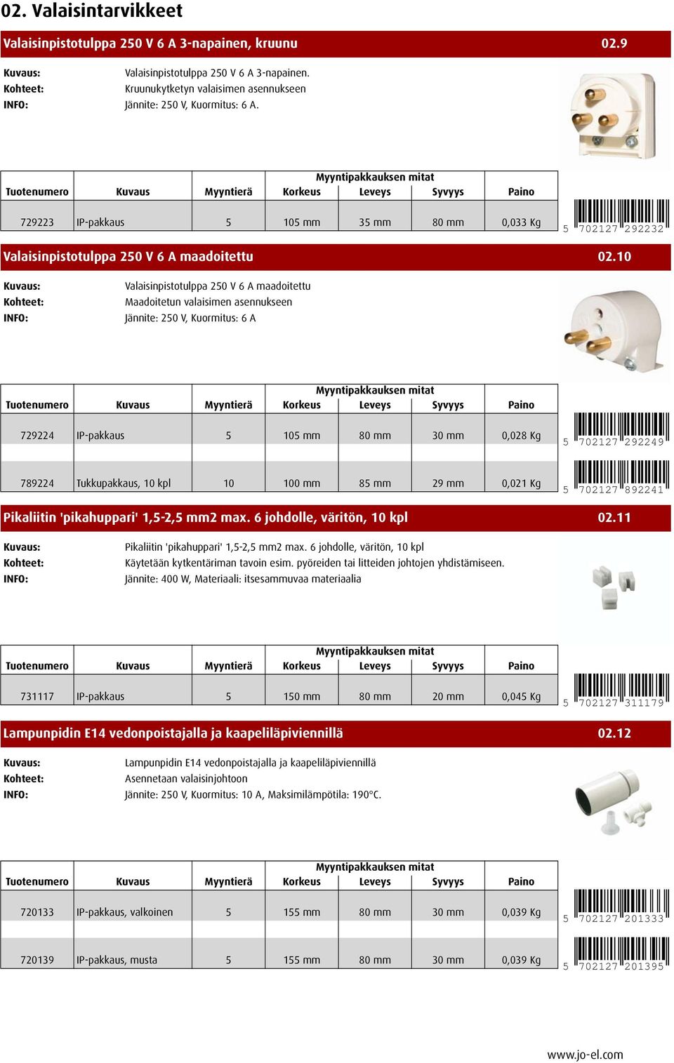 10 Valaisinpistotulppa 250 V 6 A maadoitettu Maadoitetun valaisimen asennukseen Jännite: 250 V, Kuormitus: 6 A 729224 IP-pakkaus 5 105 mm 80 mm 30 mm 0,028 Kg 5 702127 292249 789224 Tukkupakkaus, 10